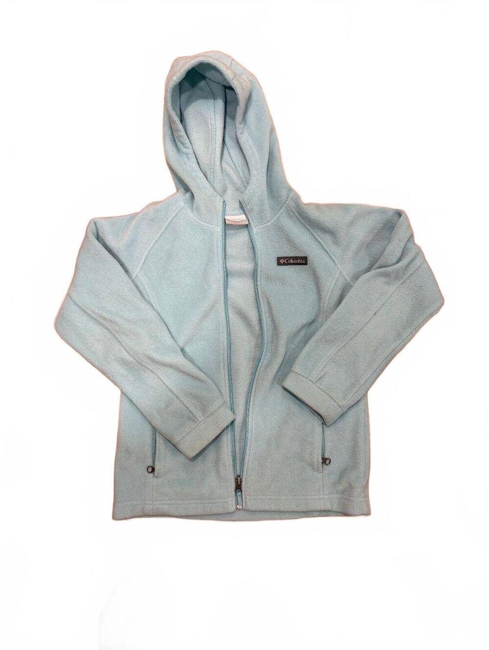 Columbia Girls Medium Fleece Jacket Light Blue Hooded Full Zip Zip Pockets